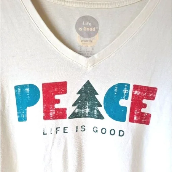 Life is Good Christmas Tree Peace Long Sleeve Soft Holiday Tee Sz L - Picture 4 of 7